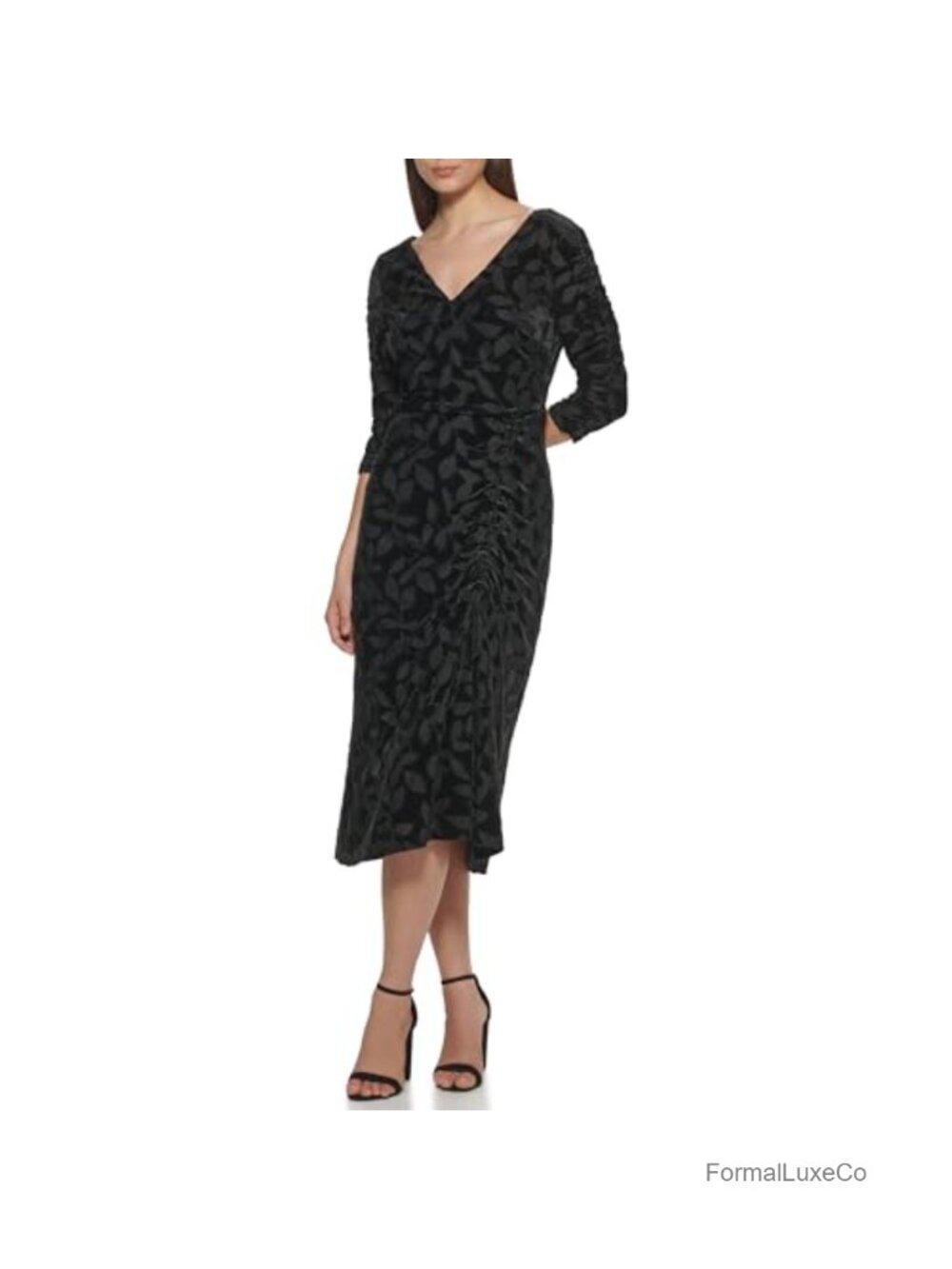 Velvet Burnout Bodycon Midi Dress V-Neck 3/4 Sleeve